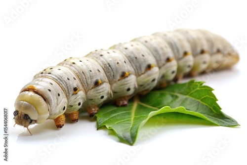 Closeup of a silkworm larva on a green leaf isolated on white background