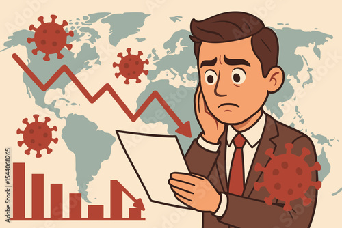 Worried Businessman Analyzing Economic Crisis During COVID-19 Pandemic, Global Market Recession, Financial Loss, Downward Graph, Virus Impact, Cartoon Vector Illustration, No Text