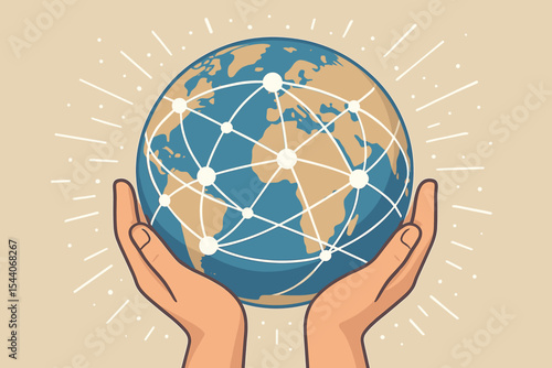 Global connectivity concept illustration. Human hands holding planet Earth with connected network nodes. Data exchange, worldwide communication, internet, technology, global collaboration vector.