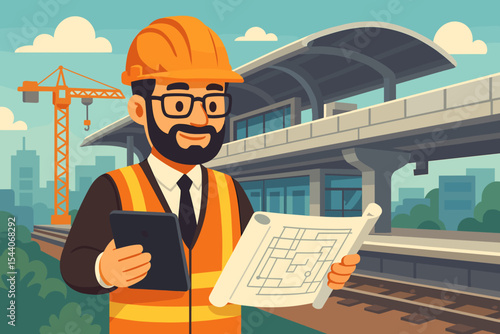 Construction manager supervising elevated train station project. Vector illustration shows engineer in safety vest and helmet holding blueprint and tablet at railway site with crane and cityscape