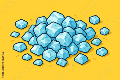 Pile of Crushed Blue Ice Cubes on Bright Yellow Background, Refreshing Summer Cold Drink Ingredient, Cartoon Vector Illustration, Frozen Texture Element for Beverage, Bar, Party, Cocktail Design