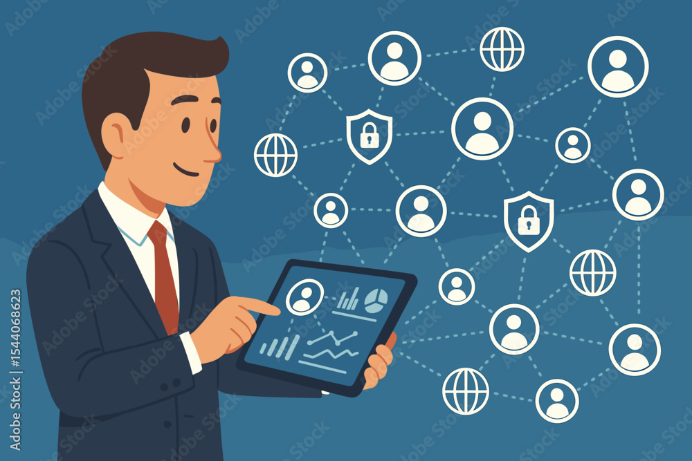 Cybersecurity concept business analysis. Businessman using tablet and analytics dashboard to monitor digital data, secure network, customer connections, privacy, internet security, vector illustration Cybersecurity concept business analysis. Businessman using tablet and analytics dashboard to monitor digital data, secure network, customer connections, privacy, internet security, vector illustration