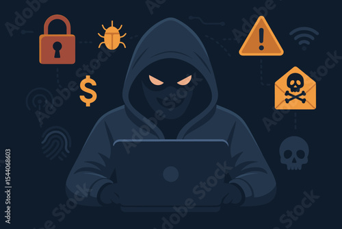 Mysterious hacker in hoodie using laptop, cyber attack, hacking, malware bug, phishing scam, identity theft, security breach, online crime danger, computer virus, digital dark web threat illustration