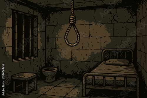 Dark grunge prison cell interior with hanging noose, barred window, metal bed, despair, loneliness, punishment, incarceration, depression, confinement, detailed vector cartoon illustration