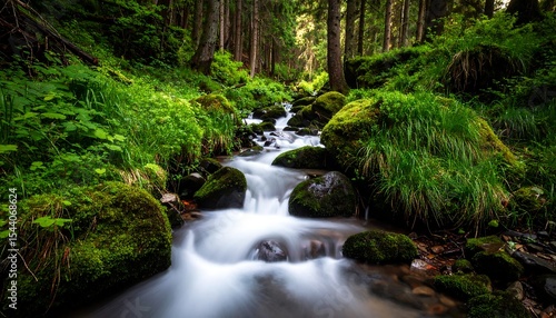 Forest stream with mossy rocks, and nature.