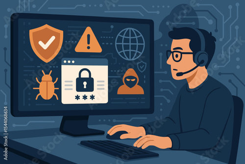 Cybersecurity analyst monitoring network security threats. Hacker, malware bug, warning, shield, padlock. Digital data protection, online privacy, cybercrime investigation. Vector illustration