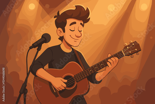 Cartoon guitarist performing live on stage with acoustic guitar, dramatic concert lighting, spotlight effect, music festival, night show, musical event background, vector illustration