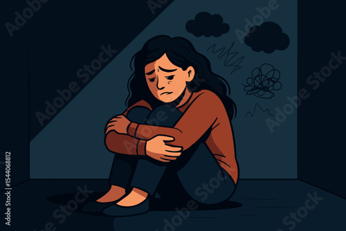 Depressed woman with PTSD sitting alone in dark room, hugging knees. Anxiety, sadness, loneliness, depression, stress, and mental health crisis concept. Vector cartoon illustration