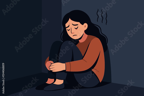Sad woman with PTSD anxiety sitting alone in dark room, depression concept, mental health struggle, stress, trauma, loneliness, psychological disorder, emotional pain, vector illustration