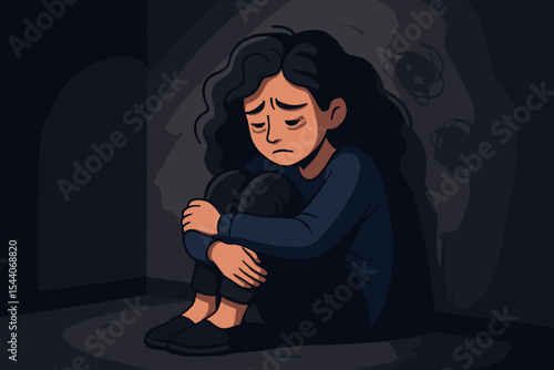 Sad lonely woman with PTSD sitting alone in dark room, hugging knees, depression anxiety mental health crisis, stress and trauma concept, cartoon vector illustration for psychological disorders