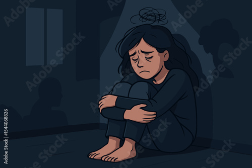 Sad woman sitting alone in dark room, PTSD, depression, anxiety, mental health crisis, loneliness, solitude, emotional distress, psychological trauma, stress, illustrative vector art