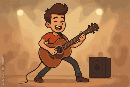 Cartoon guitarist character performing on stage with an acoustic guitar. Happy young musician singing at a live music concert or festival. Vector illustration of an artist at a show.