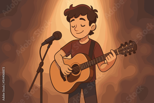 Cartoon boy playing acoustic guitar on stage, live music concert performance, spotlight, microphone stand, soft blurred bokeh background, musical talent vector illustration, entertainment show