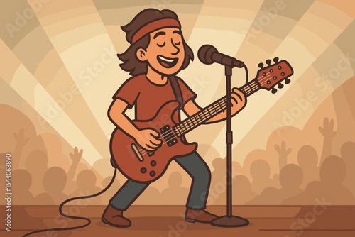 Rock Guitarist Performing Live on Stage Cartoon Vector Illustration. Electric Guitar Player Singing into Microphone with Energetic Crowd, Vintage Retro Concert Background, Music Festival Art