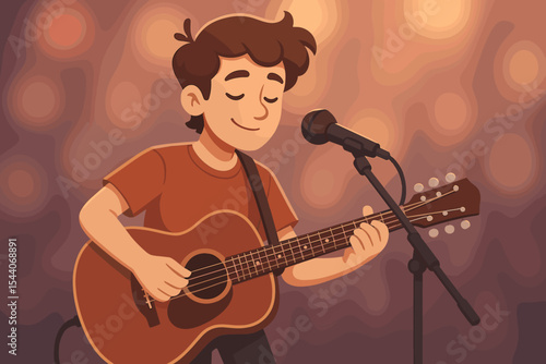 Cartoon guitarist performing live on stage with acoustic guitar, singing into microphone, spotlight bokeh background, music performance, concert illustration, entertainment vector art