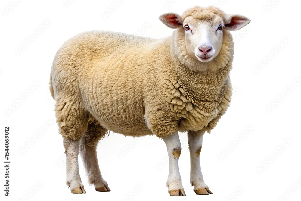 Fototapeta premium A fluffy tan sheep standing on a white background