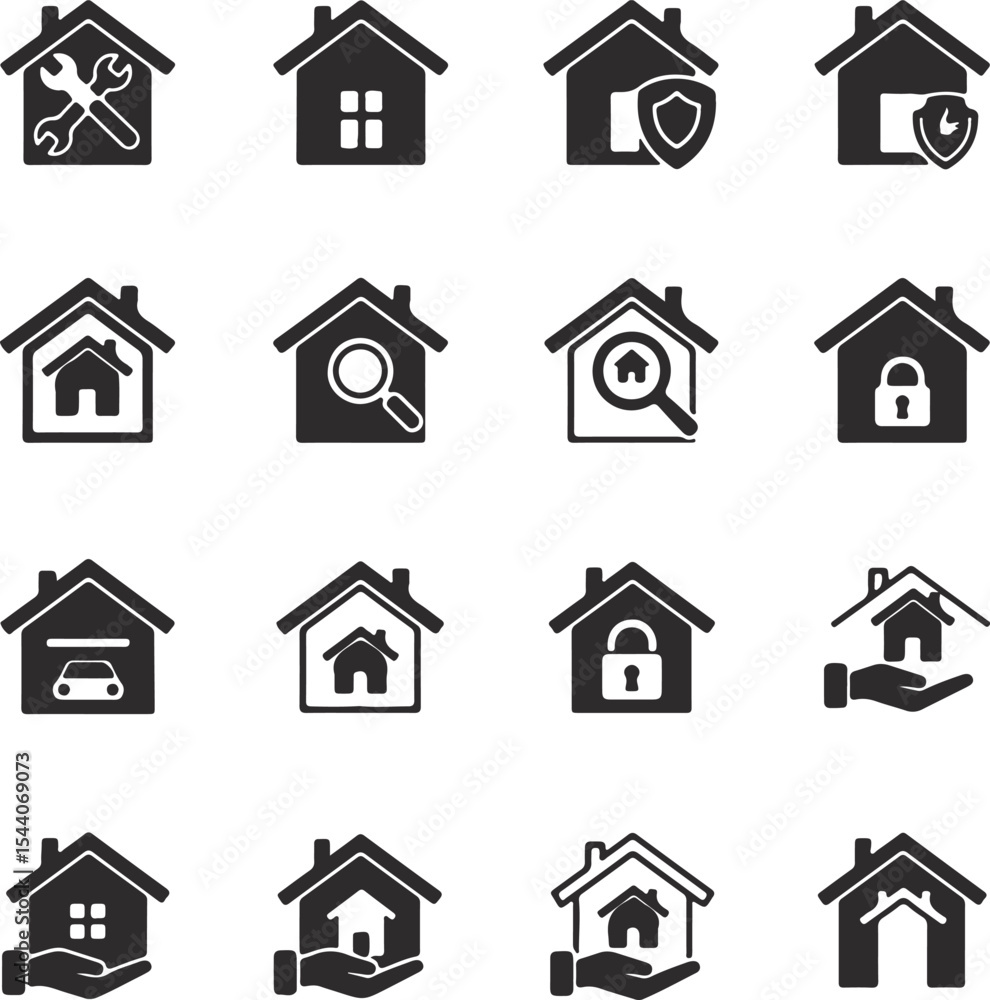 House and Home Themed Icon Collection Depicting Real Estate Services Property Management and Safety for Homeowners and Renters and More