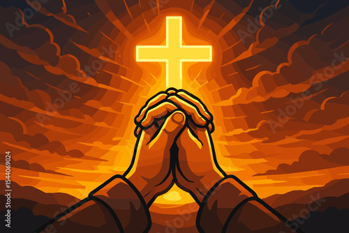 Clasped Hands Praying Before Glowing Christian Cross at Dramatic Sunset, Spiritual Faith, Religious Worship, Hope, Devotion, Divine Light, Heaven, Inspirational Vector Cartoon Illustration