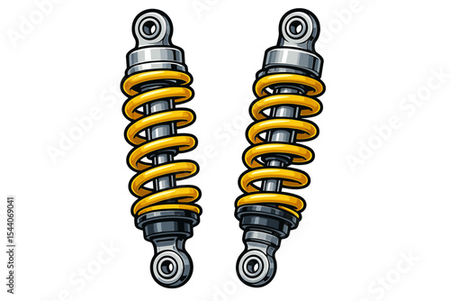 Realistic yellow motorcycle shock absorbers pair. Heavy duty automotive suspension springs. Mechanical engineering parts. Vector cartoon illustration. Isolated auto component for repair, maintenance.