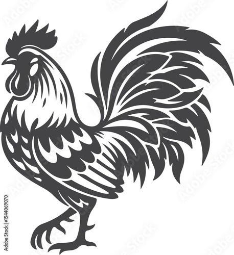 Stylized Rooster Silhouette with Ornate Feathers Standing Proudly A Symbol of Farm Life and Morning Calls