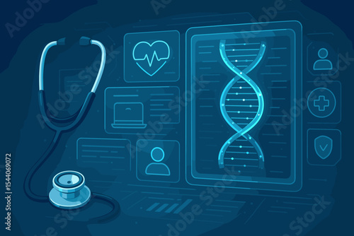 Futuristic medicine concept with stethoscope and holographic screen showing DNA analysis. Digital healthcare technology, telemedicine, bioinformatics, and genetic data research concept.