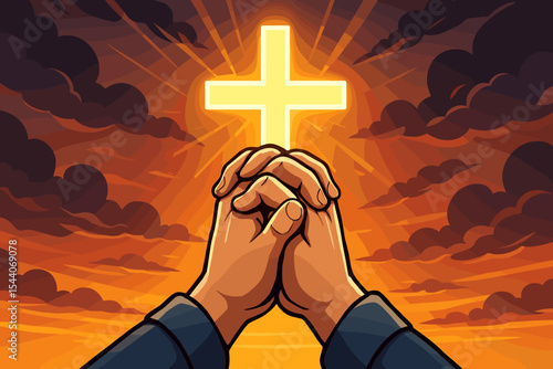 Clasped Hands in Prayer Facing Radiant Glowing Christian Cross at Dramatic Sunset Sky, Faith Hope Worship Spiritual Concept, Religious Vector Illustration, Christianity, Sun Rays, No Text