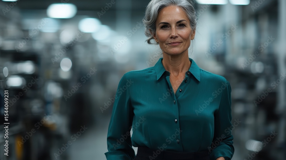Fototapeta premium A poised businesswoman stands confidently in an industrial workspace, symbolizing strength, leadership, and the evolving role of women in the modern workforce.