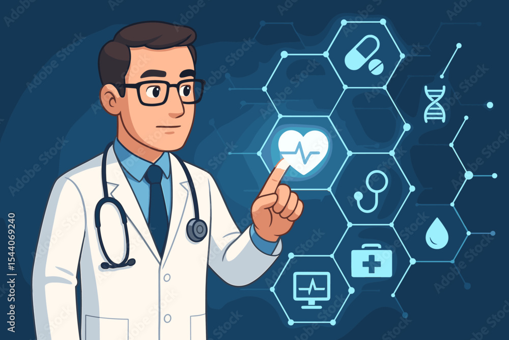 Cartoon doctor using futuristic virtual interface for digital health. Medical technology concept with physician and network of icons like cardiogram, DNA, pills. Telemedicine vector. Cartoon doctor using futuristic virtual interface for digital health. Medical technology concept with physician and network of icons like cardiogram, DNA, pills. Telemedicine vector.
