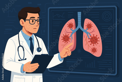 Doctor analyzing patient lungs with virus infection on futuristic medical screen. Pulmonologist diagnosing respiratory disease, pneumonia, or COVID-19. Healthcare technology concept.