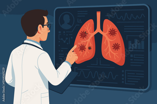 Doctor analyzing lungs with coronavirus infection on a futuristic medical screen. Pulmonologist examining a patient's respiratory system for pneumonia. Healthcare diagnosis and technology concept.