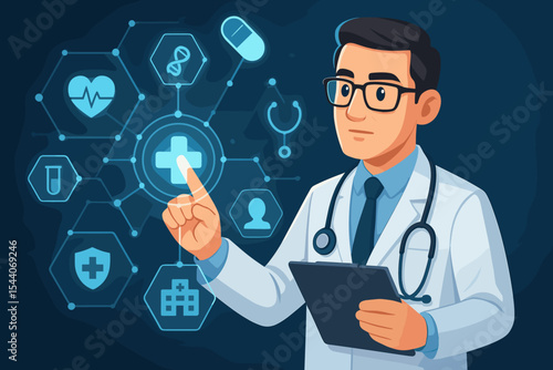 Doctor examining a medical network on a futuristic virtual interface. Telemedicine and digital health concept with icons for diagnosis and patient data. Healthcare technology vector.