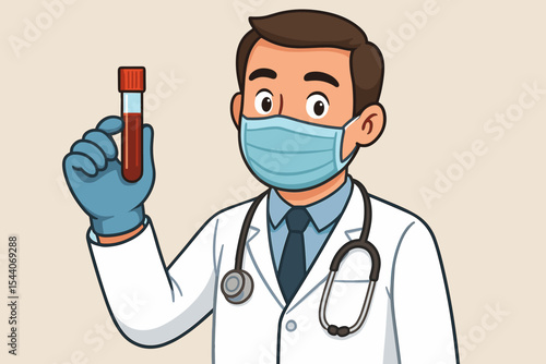 Cartoon doctor or scientist in a medical mask holding a test tube with a blood sample. Concept for laboratory research, virus testing, diagnosis, and healthcare during a pandemic.