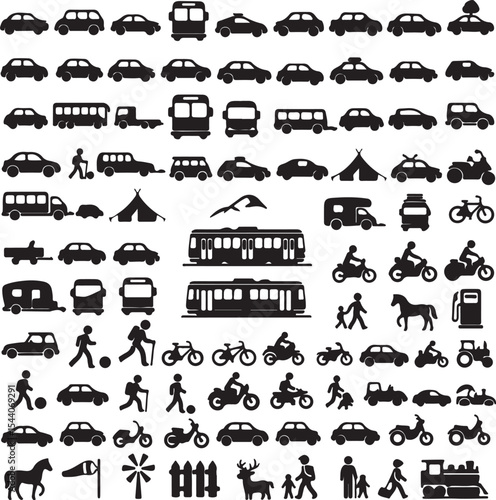 Diverse Transportation and Recreation Icons An Assortment of Silhouettes Featuring Cars, Buses, People, Animals, and Outdoor Elements