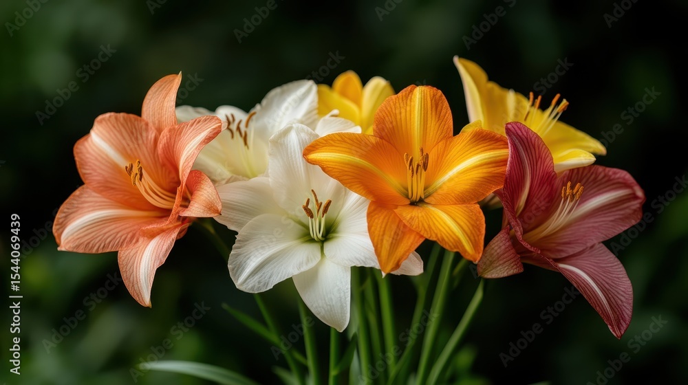 Fototapeta premium A beautiful arrangement of colorful lily flowers showcasing hues of orange, white, and yellow, embodying freshness, joy, and the beauty of nature in a garden setting.