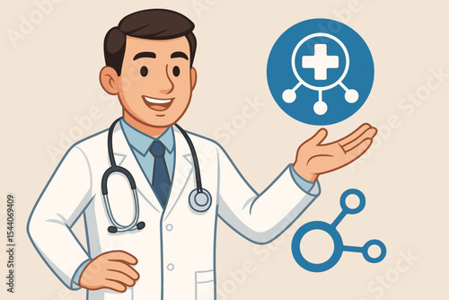 Telehealth and telemedicine concept with a doctor character presenting a medical network icon. Symbol for online consultation, virtual healthcare, e-health, and remote diagnosis. Vector.