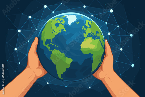 Human Hands Holding Earth Globe with Global Network Connections, Abstract Science Technology Concept, World Care, Environmental Protection, International Communication Vector Illustration