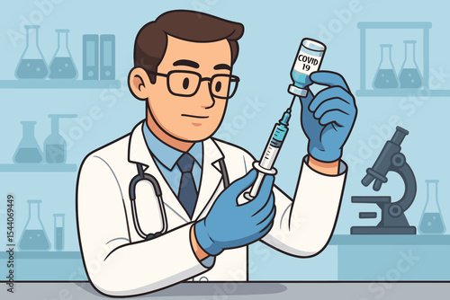 Male doctor or scientist filling a syringe with Covid-19 vaccine from a vial in a lab. Vector illustration for medical research, vaccination, pandemic, immunization, healthcare.
