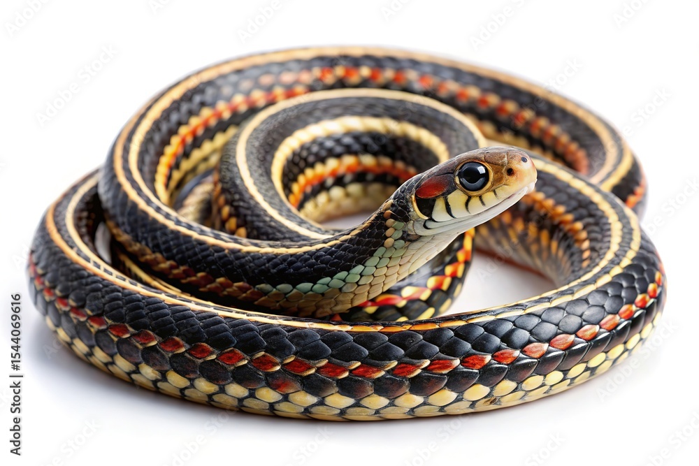 Fototapeta premium Closeup of a coiled eastern ribbon snake on white background