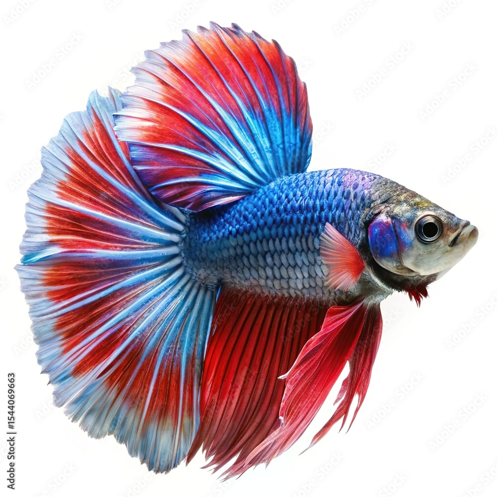Fototapeta premium Vibrant red and blue siamese fighting fish isolated on white background