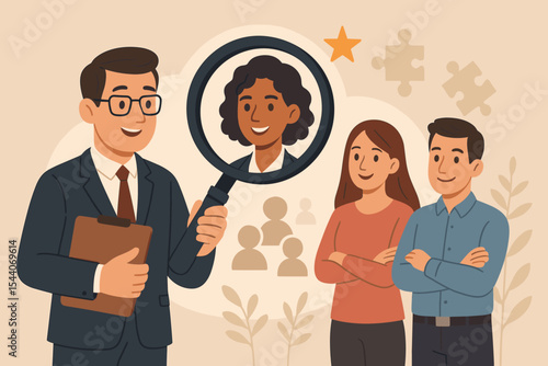 HR manager searching for qualified employees, magnifying glass recruitment, candidate selection process, teamwork, human resources, job interview, hiring decision, business illustration