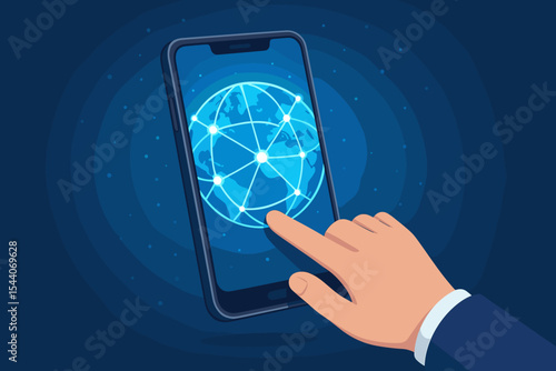 Human hand touching smartphone with glowing global network, secure internet connection, mobile technology access, digital communication, online world connectivity concept illustration