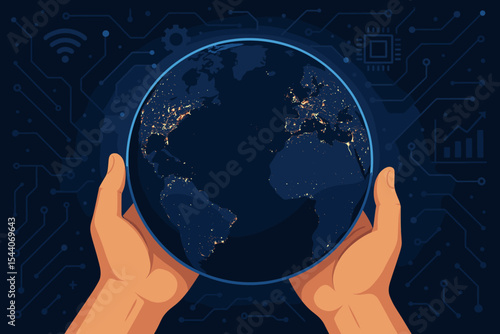 Human hands holding glowing Earth at night, illuminated city lights, global technology connection, digital transformation, innovation, network communication, futuristic vector illustration
