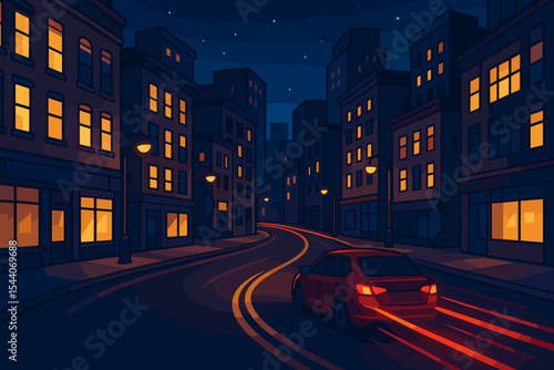 Night city street with glowing building windows, curved road, moving car, red taillight trails, urban downtown, illuminated skyline, vector cartoon illustration, evening cityscape, no text