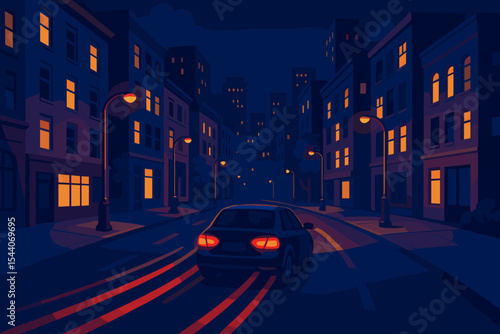 Night city street with glowing windows, illuminated buildings, street lamps, car driving with red taillights, urban road, skyline at dusk, modern downtown nighttime vector illustration