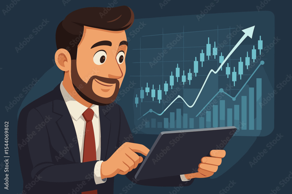 Businessman using digital tablet analyzing stock market data, financial statistics graph, rising chart, investment growth, trading, finance management, professional broker, vector illustration Businessman using digital tablet analyzing stock market data, financial statistics graph, rising chart, investment growth, trading, finance management, professional broker, vector illustration