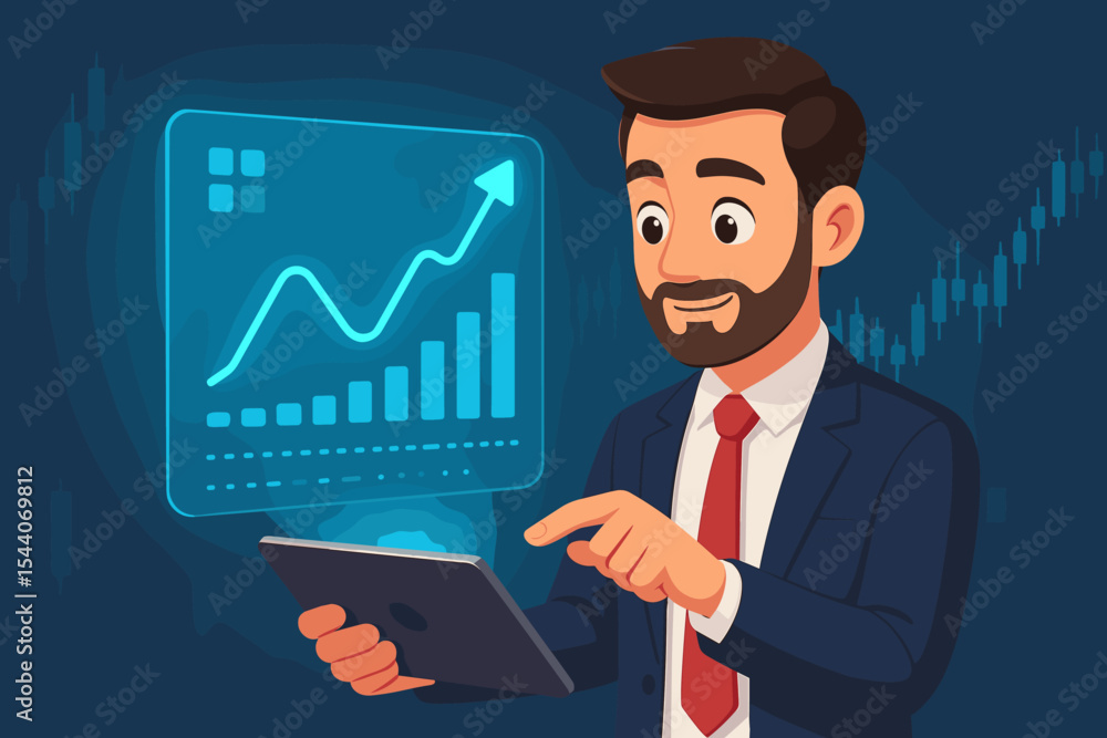 Businessman analyzing financial data on tablet, digital stock market chart hologram, investment growth, trading statistics, finance technology, economic infographic, vector illustration Businessman analyzing financial data on tablet, digital stock market chart hologram, investment growth, trading statistics, finance technology, economic infographic, vector illustration