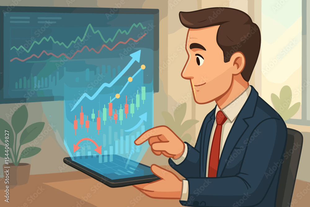 Businessman analyzing stock market trends on digital tablet with 3D holographic financial charts, futuristic data analytics, investment growth, office interior, vector illustration Businessman analyzing stock market trends on digital tablet with 3D holographic financial charts, futuristic data analytics, investment growth, office interior, vector illustration