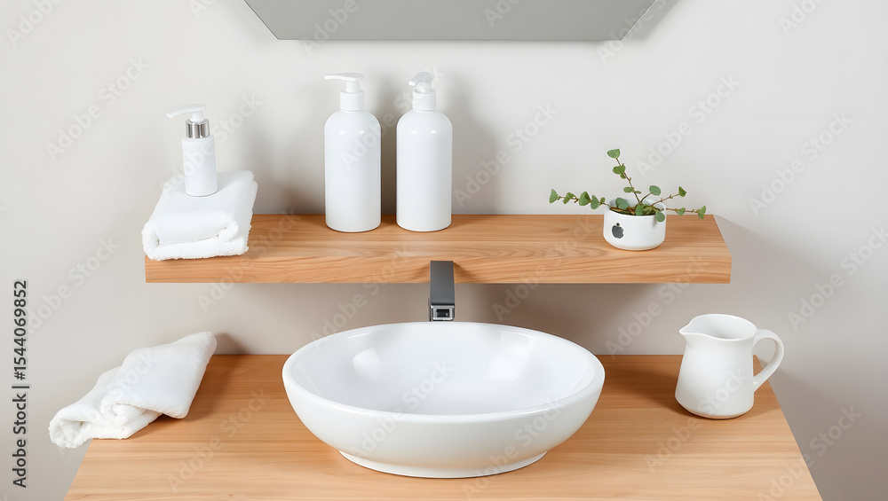 Fototapeta premium Minimalist Ceramic Sink and Wooden Vanity Shelf Design