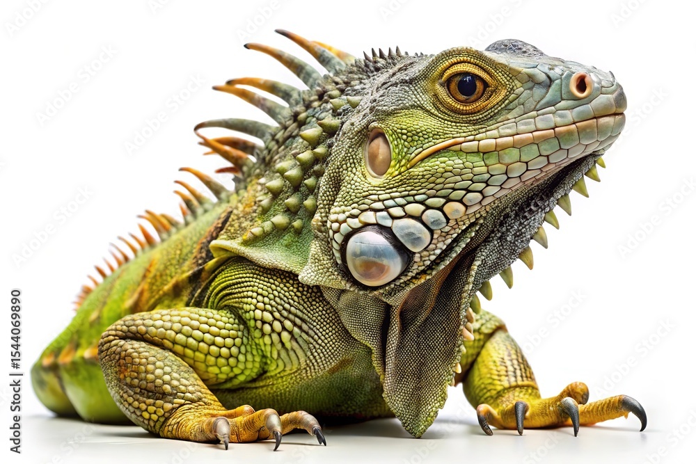 Fototapeta premium Closeup of a vibrant green iguana with detailed scales and sharp claws isolated on white background
