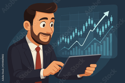 Businessman using digital tablet analyzing stock market data, financial statistics graph, rising chart, investment growth, trading, finance management, professional broker, vector illustration